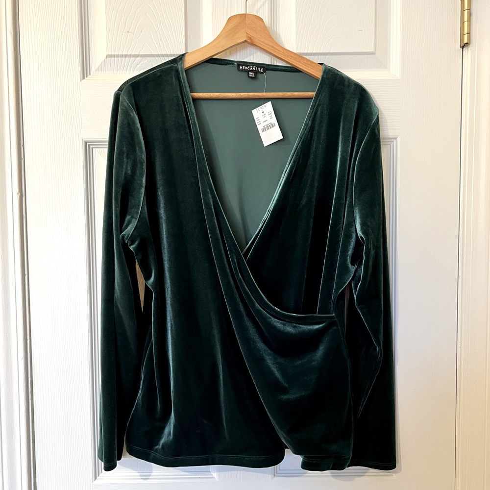 Emerald Green Velvet Faux-Wrap Blouse, J. Crew, Size XXL, NWT